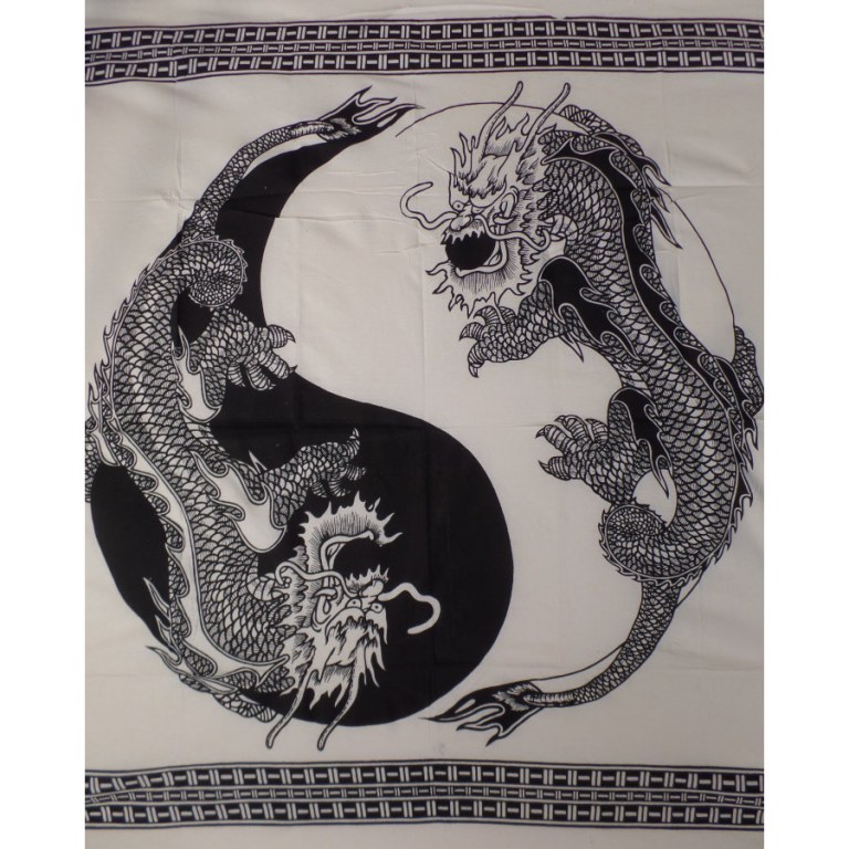 Tenture blanche dragons yin yang noirs