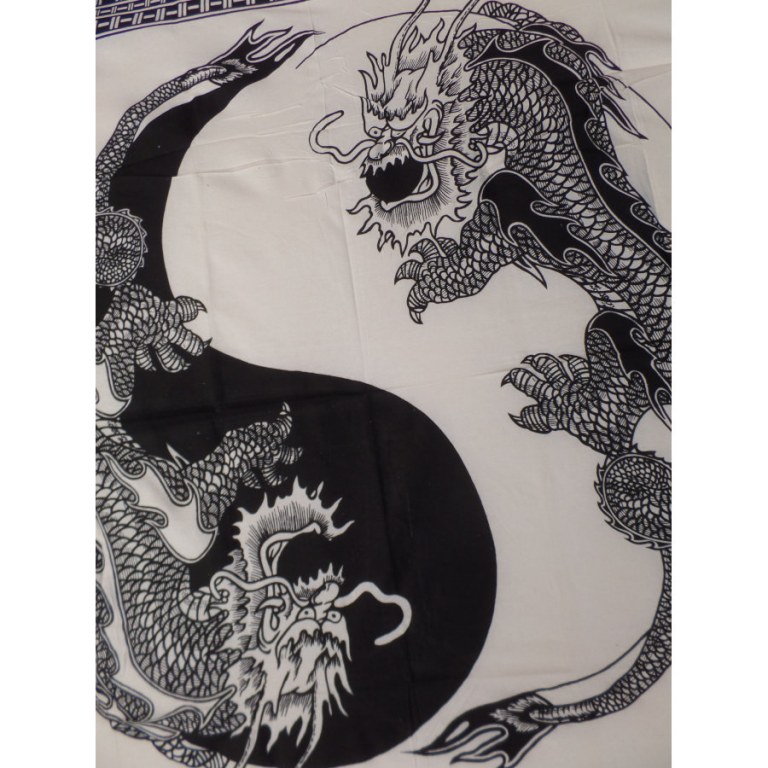 Tenture blanche dragons yin yang noirs