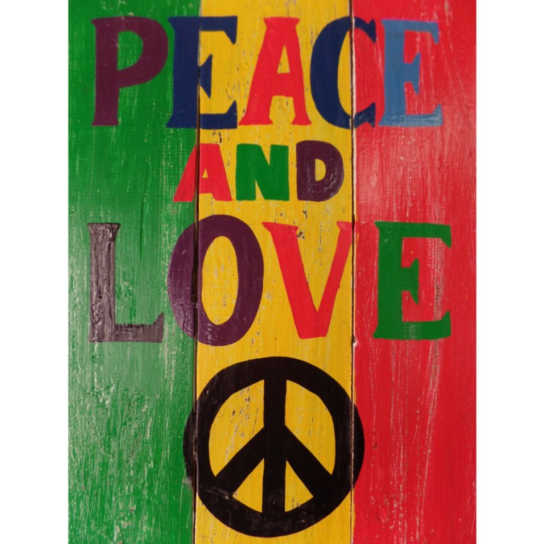 Panneaux en bois vert/jaune/rouge peace and love