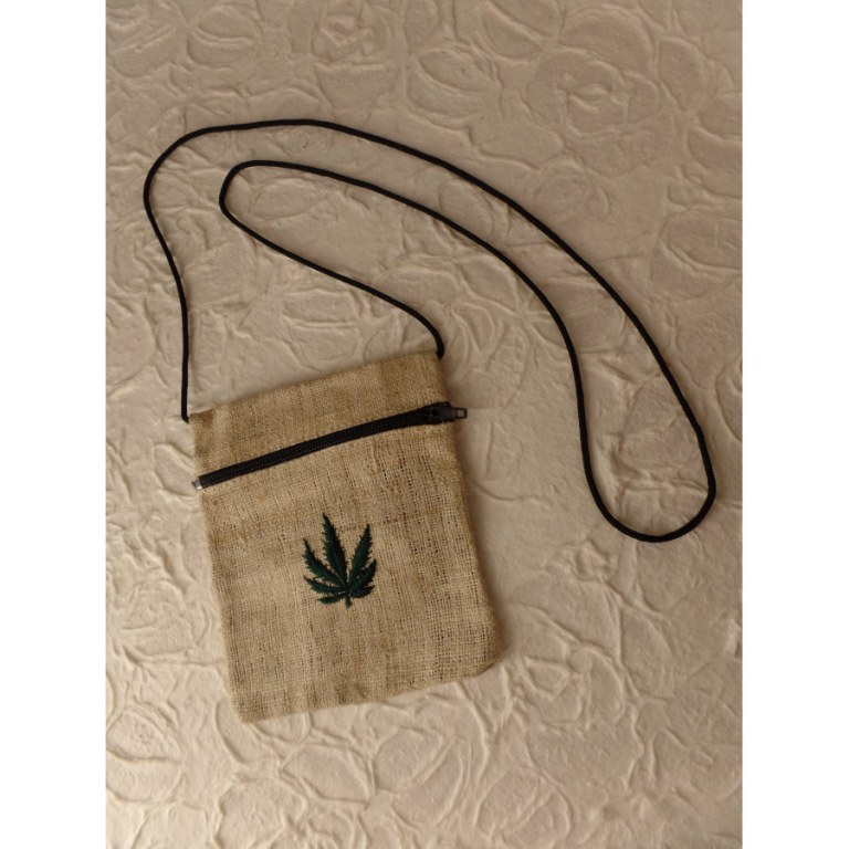 Pochette chanvre naturel feuille verte