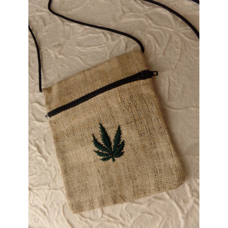 Pochette chanvre naturel feuille verte