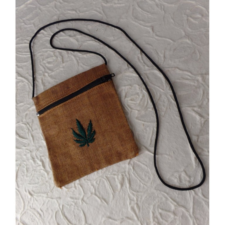 Pochette marron chanvre naturel feuille verte