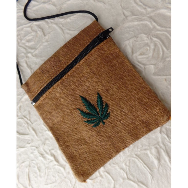 Pochette marron chanvre naturel feuille verte