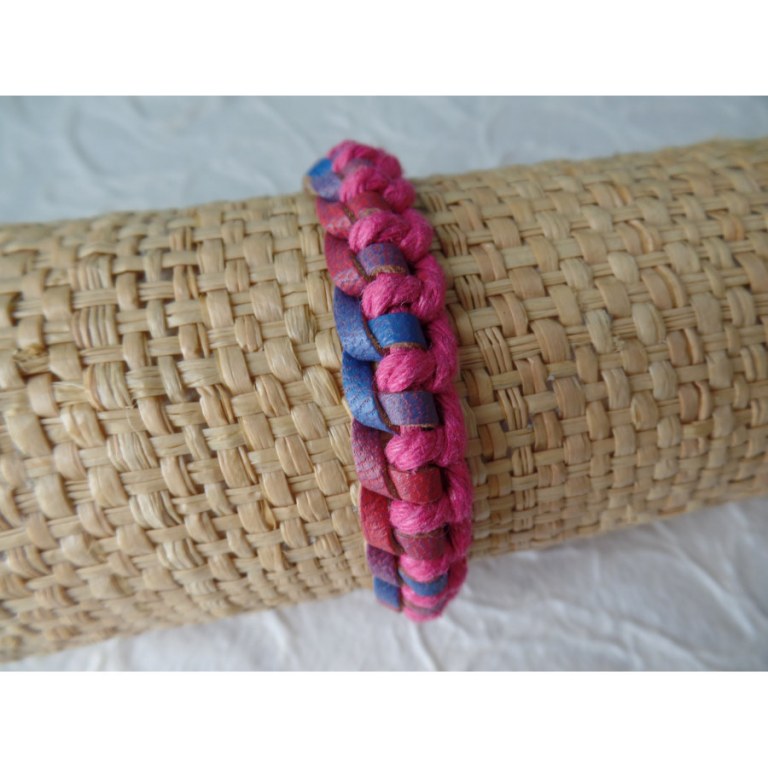 Bracelet Gili cuir rouge/bleu coton rose