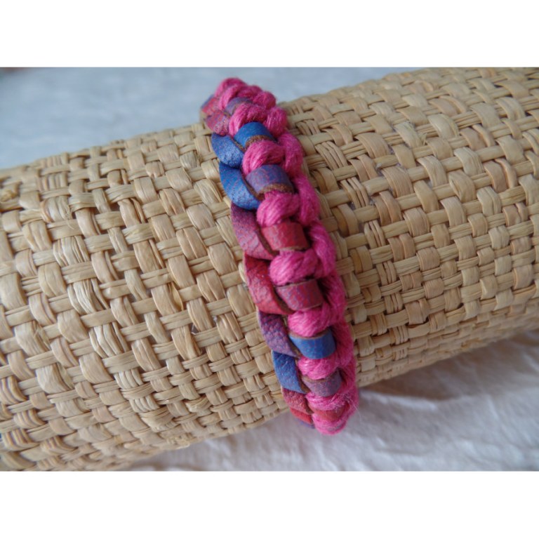 Bracelet Gili cuir rouge/bleu coton rose