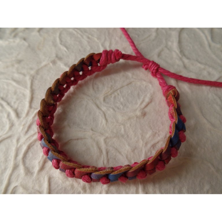 Bracelet Gili cuir rouge/bleu coton rose