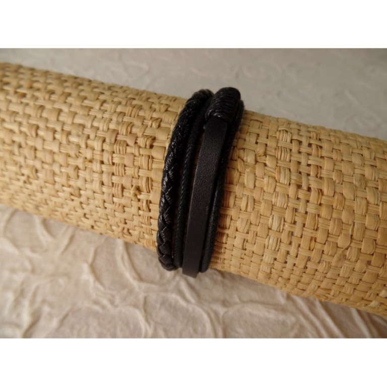 Bracelet multirangs cuir noir