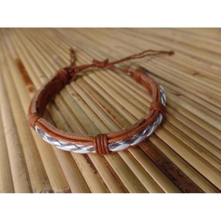 Bracelet marron clair tresse blanc/argent