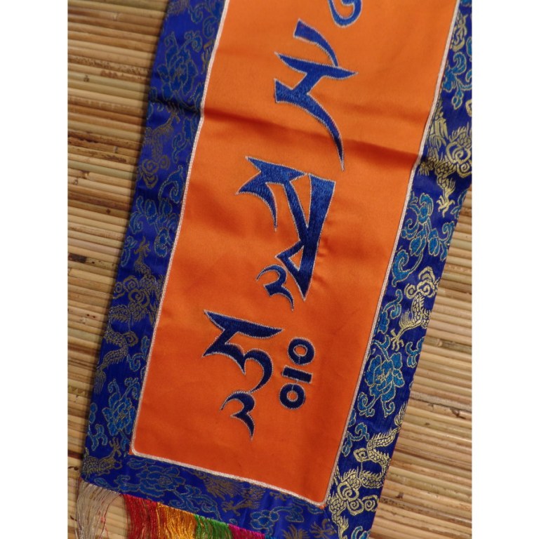 Bannière tibétaine orange/bleu mantra Tara verte
