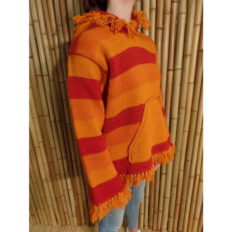 Pull Otaki orange/rouge capuche à pompon