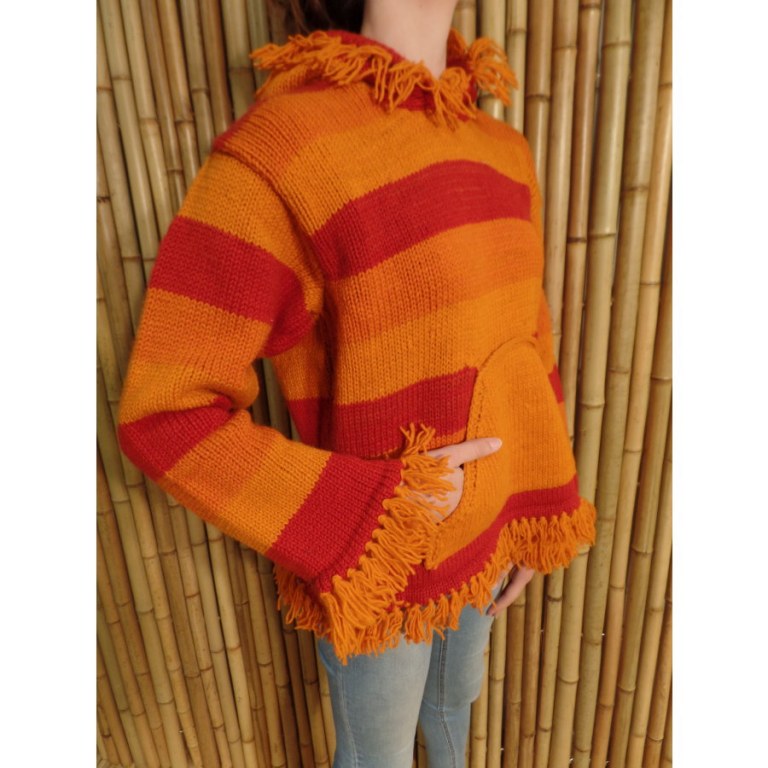 Pull Otaki orange/rouge capuche à pompon