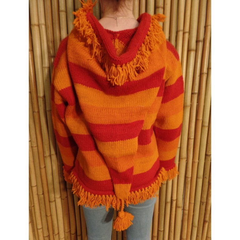 Pull Otaki orange/rouge capuche à pompon