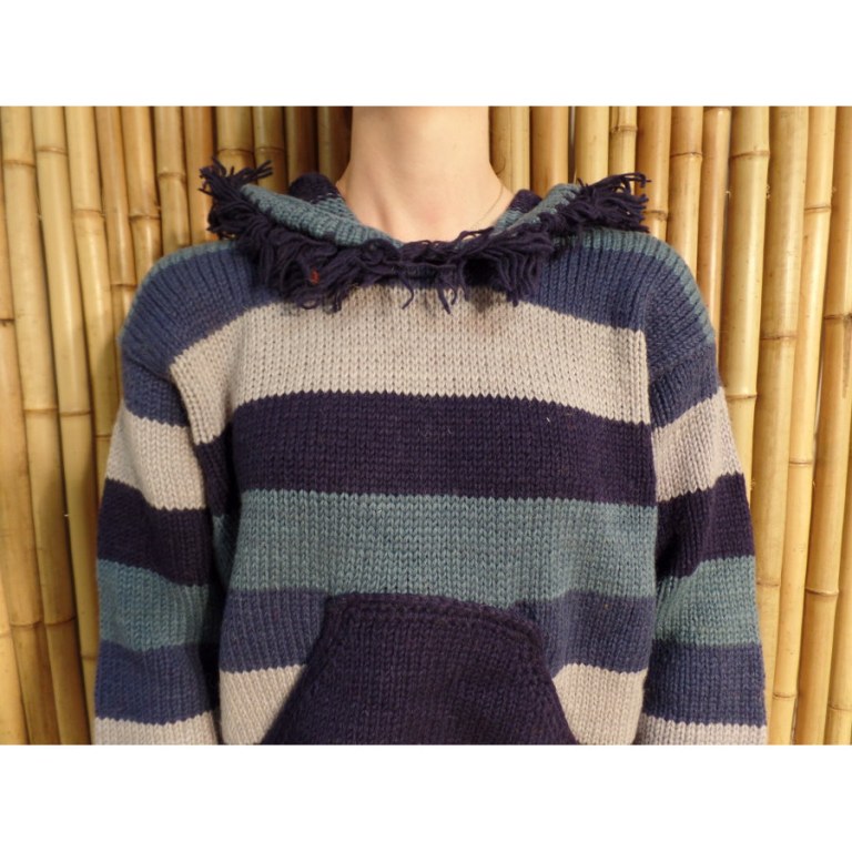 Pull Otaki bleu/gris capuche à pompon