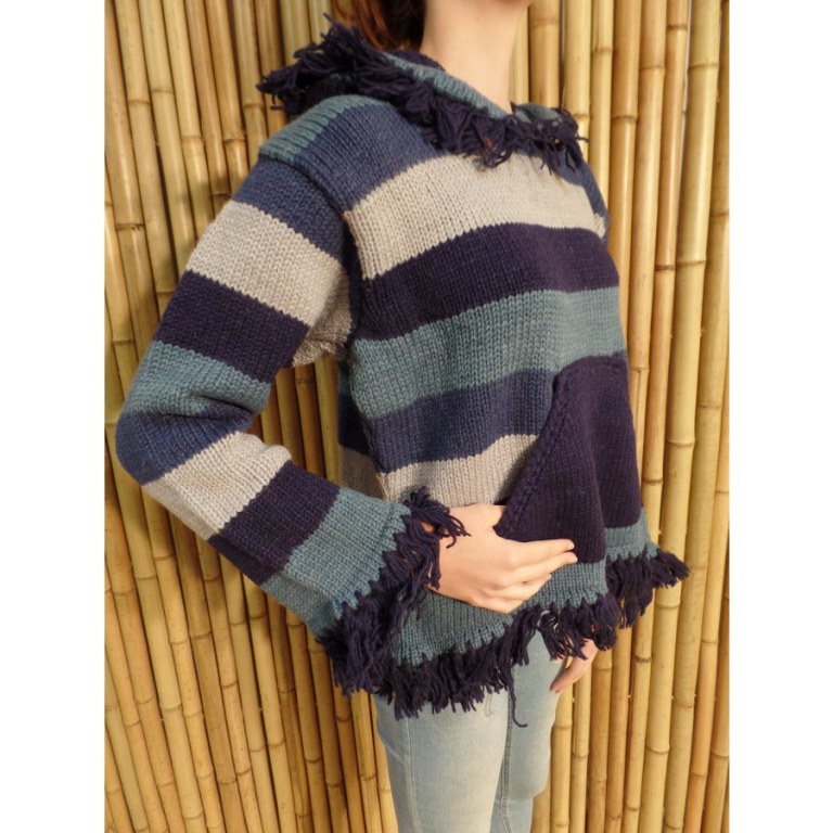 Pull Otaki bleu/gris capuche à pompon