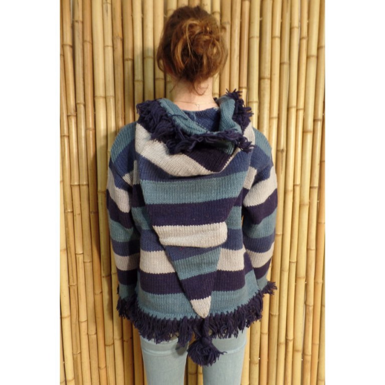 Pull Otaki bleu/gris capuche à pompon