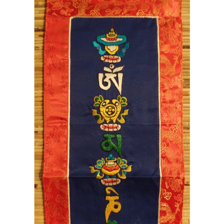 Longue broderie tibétaine bleu/rouge Om mani tashi