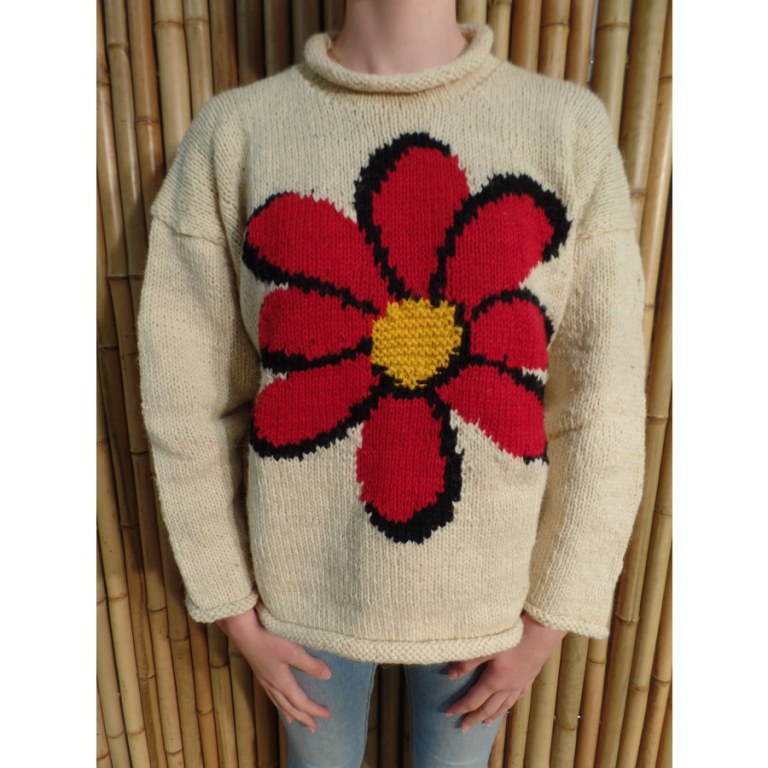 Pull beige marguerite rouge