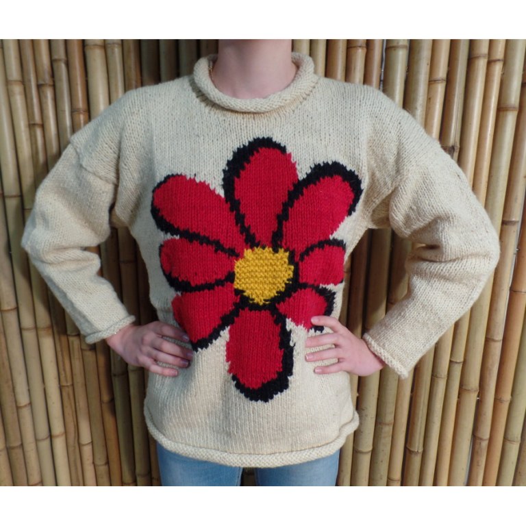 Pull beige marguerite rouge