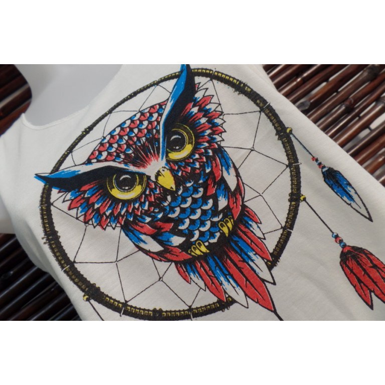 Débardeur dreamcatcher chouette tête bleu/rouge