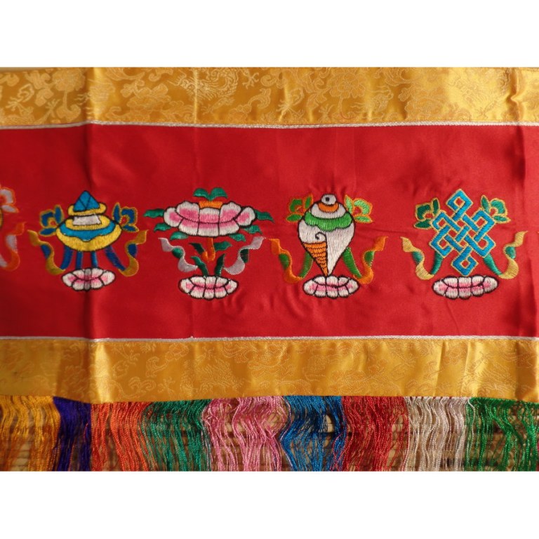 Bannière tibétaine Astamangala fond rouge