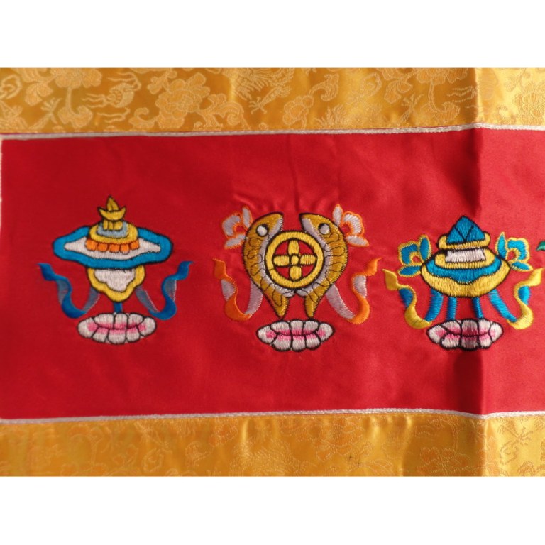 Bannière tibétaine Astamangala fond rouge