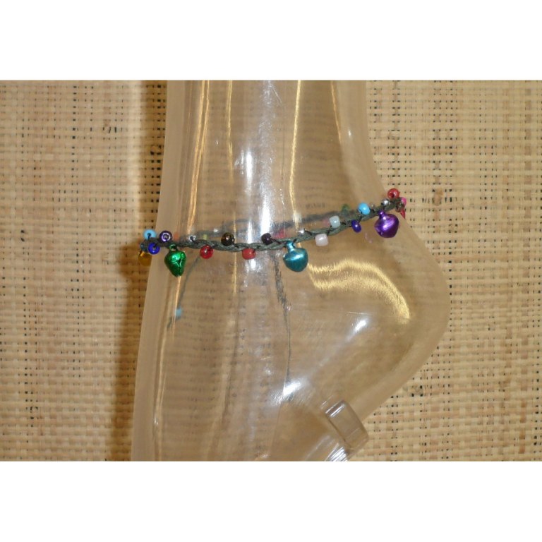 Bracelet de cheville gris/vert à grelots et perles color