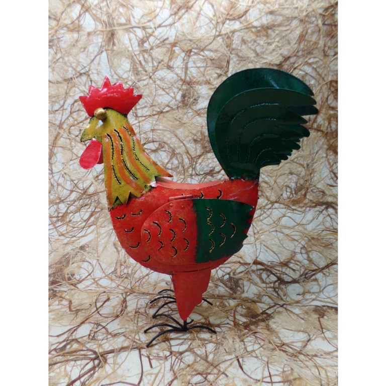 Coq rouge en métal porte bougie