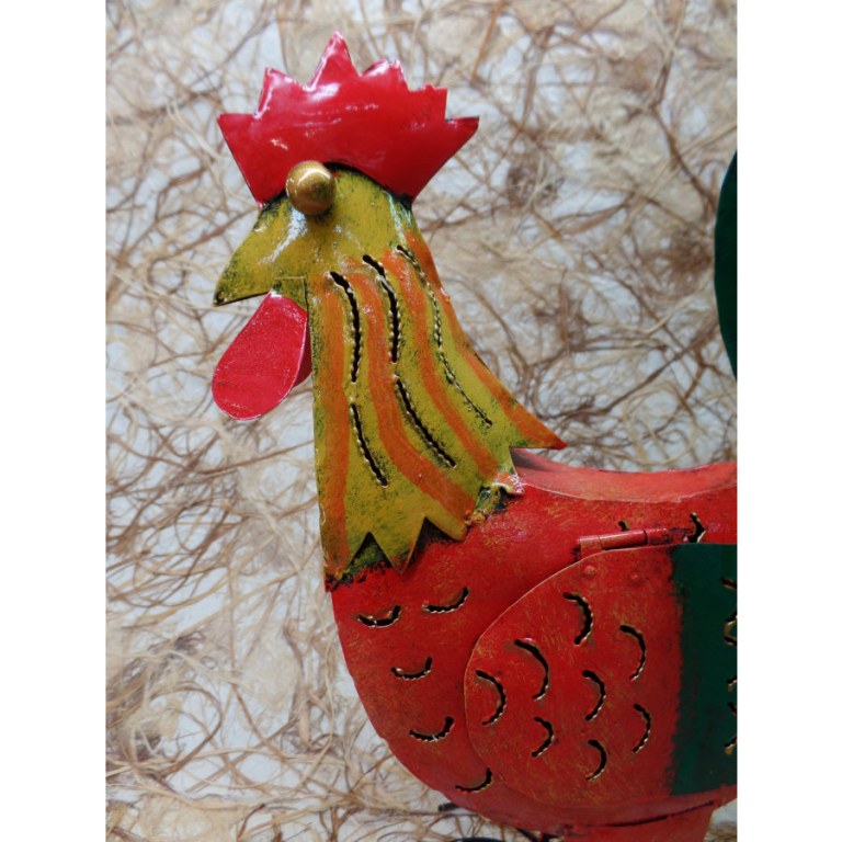 Coq rouge en métal porte bougie