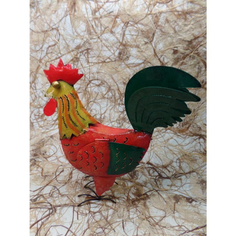 Coq rouge en métal porte bougie