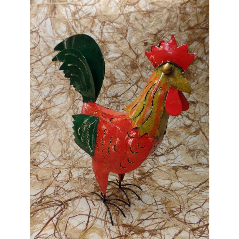 Coq rouge en métal porte bougie