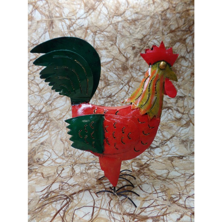 Coq rouge en métal porte bougie