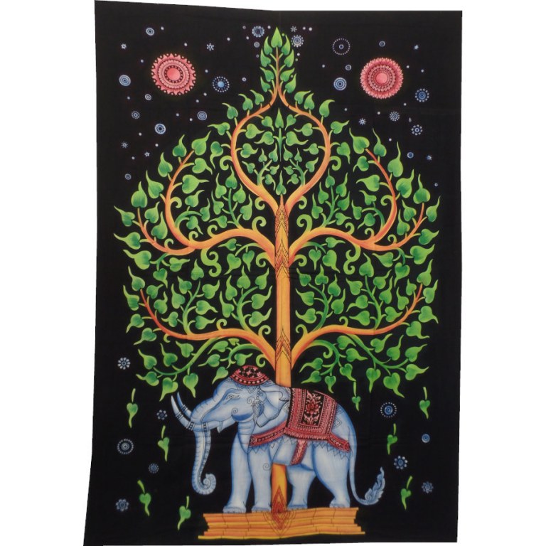 Tenture noire arbre de vie vert et éléphant 