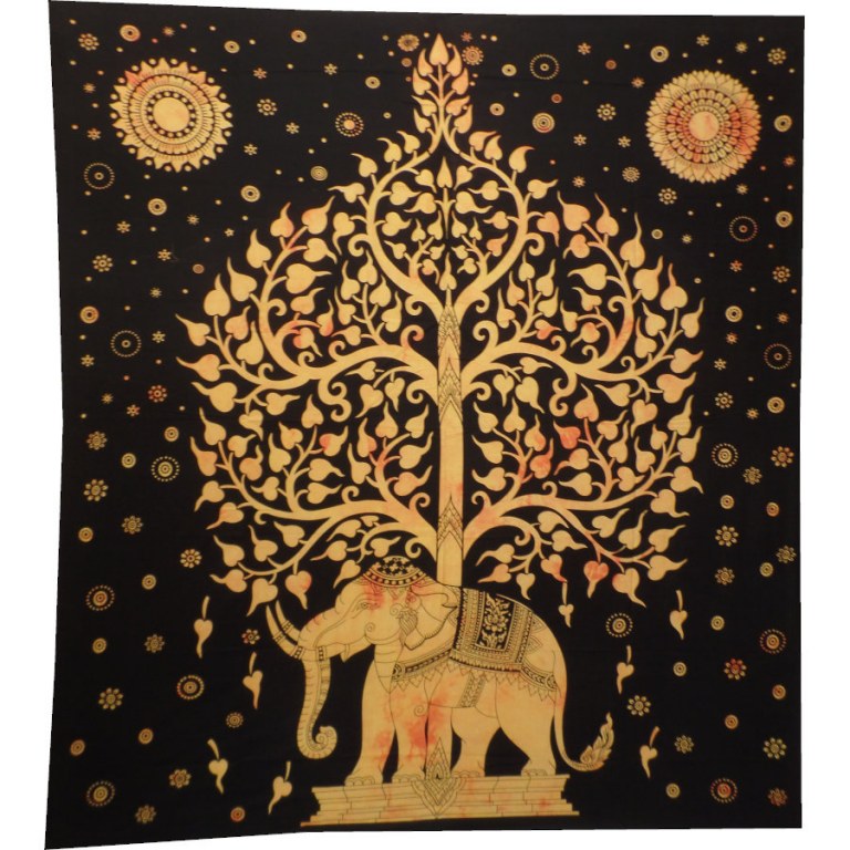 Grande tenture noire arbre de vie et éléphant jaune