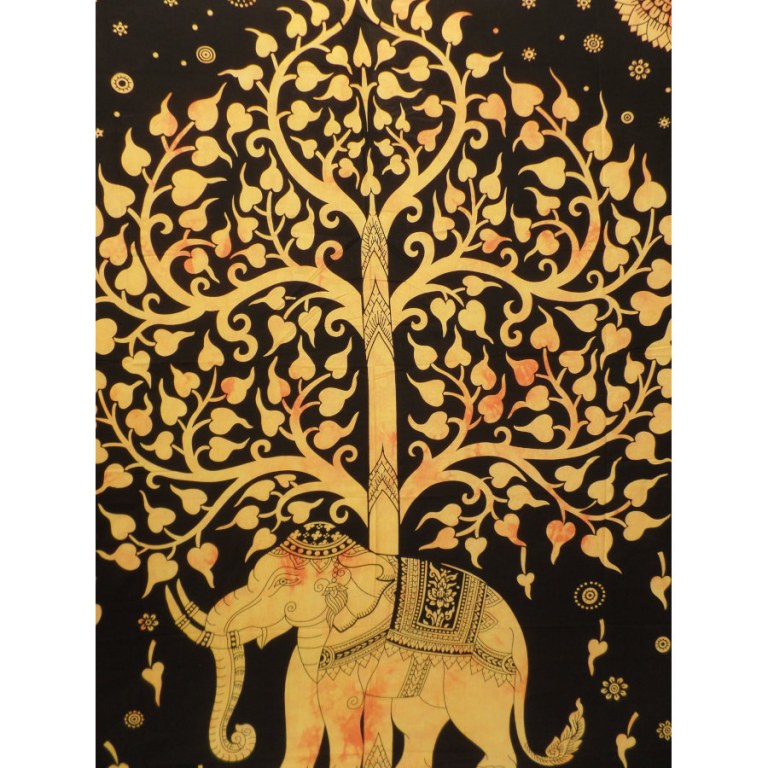 Grande tenture noire arbre de vie et éléphant jaune
