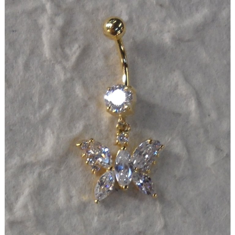 Piercing nombril perle et papillon plaqué or & strass