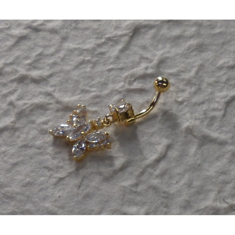 Piercing nombril perle et papillon plaqué or & strass