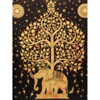 Grande tenture noire arbre de vie et éléphant jaune pâle