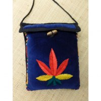 Sac velours bleu marine ghéri brodé feuille rasta