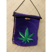 Sac velours violet ghéri brodé feuille verte bicolore