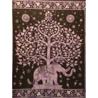 Grande tenture noire arbre de vie et éléphant violet