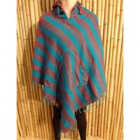 Poncho Makalu turquoise fines rayures