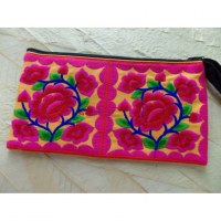 Trousse brodée Paï les 4 fleurs orange/rose