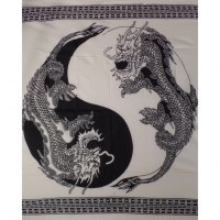 Tenture blanche dragons yin yang noirs
