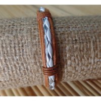 Bracelet marron clair tresse blanc/argent