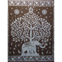 Grande tenture bleue et noire arbre de vie et éléphant
