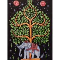 Tenture noire arbre de vie vert et éléphant 