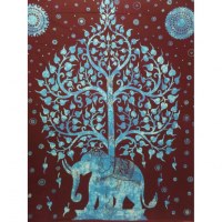 Grande tenture noire arbre de vie et éléphant 2 bleus