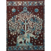 Grande tenture noire arbre de vie et éléphant bleus