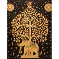 Grande tenture noire arbre de vie et éléphant jaune